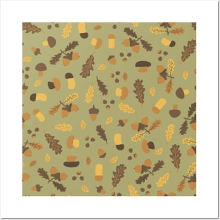 Autumn oak leaves, acorn, birch aspen mushrooms, nuts, chestnuts seamless pattern Posters and Art